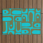 Mid Century Modern Piquet Geometric Mod Olive Green and Turquoise Multi Pattern Outdoor Rug Gallery Image 1