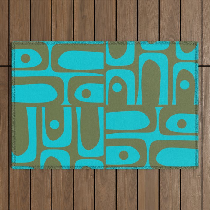 Mid Century Modern Piquet Geometric Mod Olive Green and Turquoise Multi Pattern Outdoor Rug Gallery Image 1