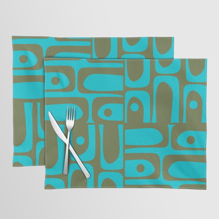 Mid Century Modern Piquet Geometric Mod Olive Green and Turquoise Multi Pattern Placemat Gallery Image 1