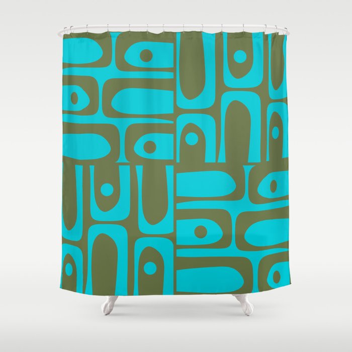 Mid Century Modern Piquet Geometric Mod Olive Green and Turquoise Multi Pattern Shower Curtain Gallery Image 1