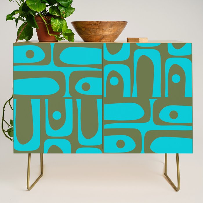 Mid Century Modern Piquet Geometric Mod Olive Green and Turquoise Multi Pattern Credenza Gallery Image 1