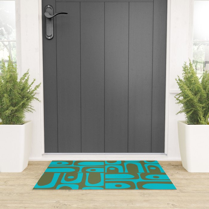 Mid Century Modern Piquet Geometric Mod Olive Green and Turquoise Multi Pattern Welcome Mat Gallery Image 3