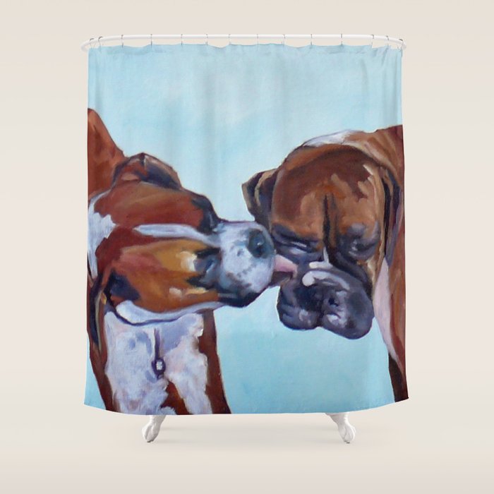 Kissing Boxers Dogs Portrait Shower Curtain Gallery Image 1