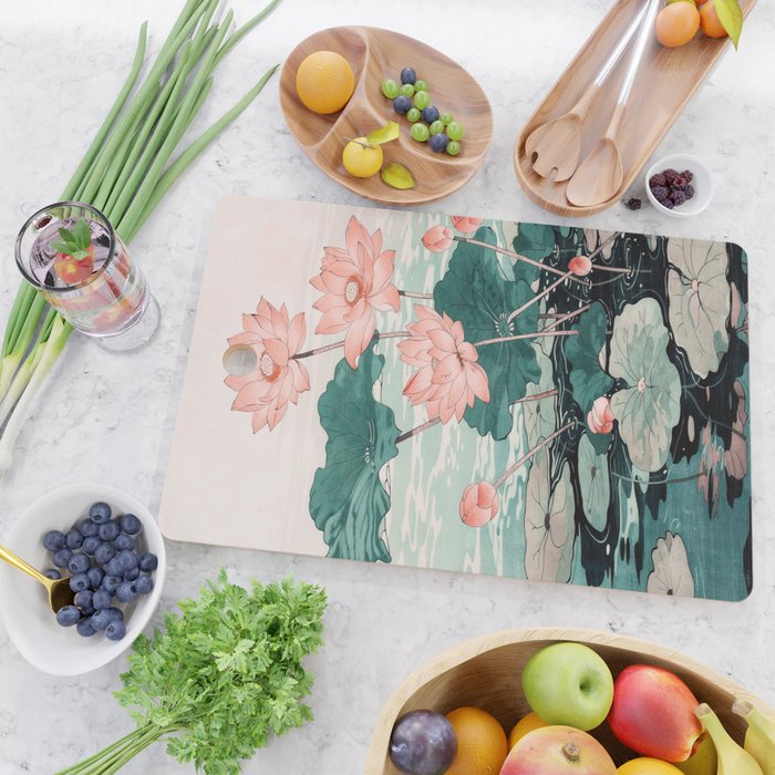 Japanese Wall Art Floral Lotus Painting Pink Pastel Green botanical Wabi Sabi Flower Poster Cutting Board Gallery Image 2