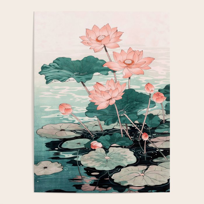Japanese Wall Art Floral Lotus Painting Pink Pastel Green botanical Wabi Sabi Flower Poster Poster Gallery Image 1