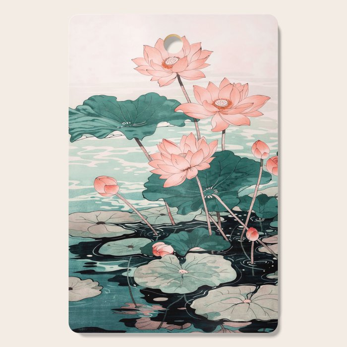 Japanese Wall Art Floral Lotus Painting Pink Pastel Green botanical Wabi Sabi Flower Poster Cutting Board Gallery Image 1