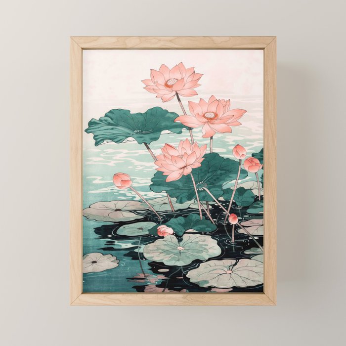 Japanese Wall Art Floral Lotus Painting Pink Pastel Green botanical Wabi Sabi Flower Poster Mini Art Print Gallery Image 1
