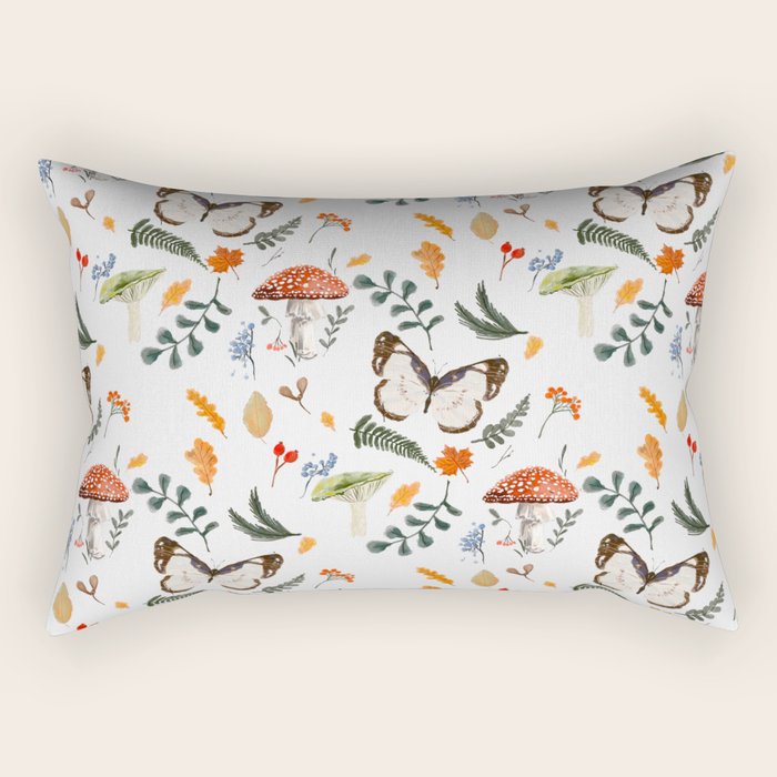 Whimsical Autumn Butterfly with Mushrooms and Leaves Rectangular Pillow Gallery Image 2
