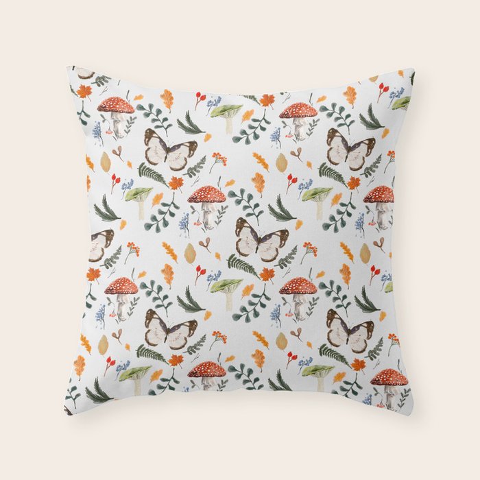 Whimsical Autumn Butterfly with Mushrooms and Leaves Throw Pillow Gallery Image 6