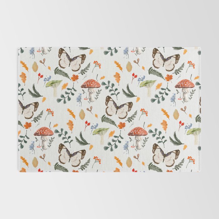 Whimsical Autumn Butterfly with Mushrooms and Leaves Rug Gallery Image 2