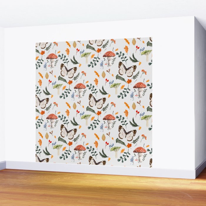 Whimsical Autumn Butterfly with Mushrooms and Leaves Wall Mural Gallery Image 2