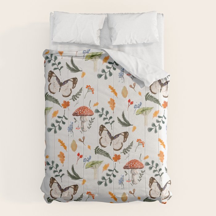 Whimsical Autumn Butterfly with Mushrooms and Leaves Comforter Gallery Image 6