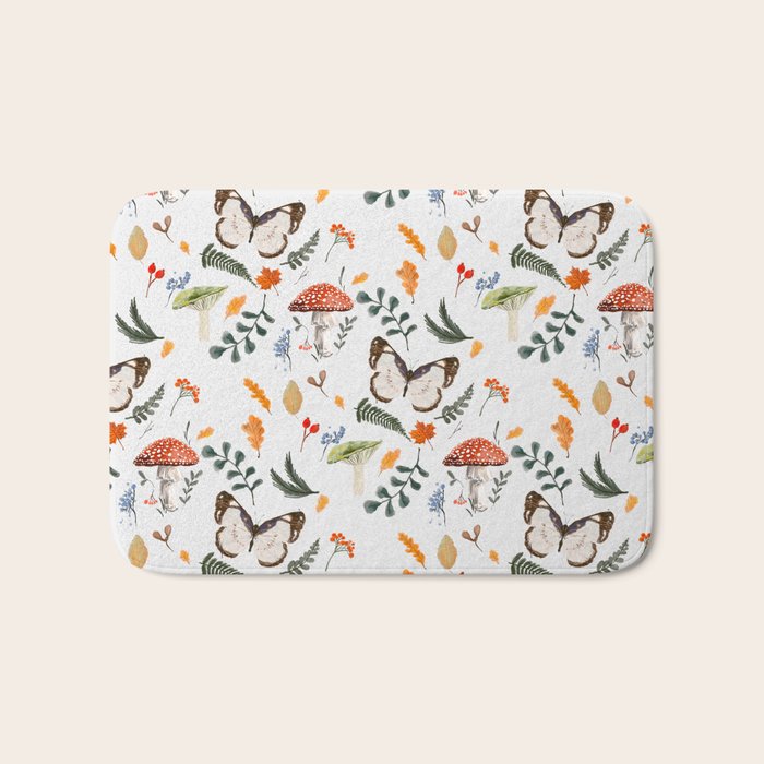 Whimsical Autumn Butterfly with Mushrooms and Leaves Bath Mat Gallery Image 1