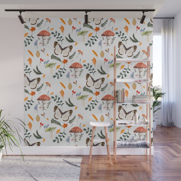 Whimsical Autumn Butterfly with Mushrooms and Leaves Wall Mural Gallery Image 1