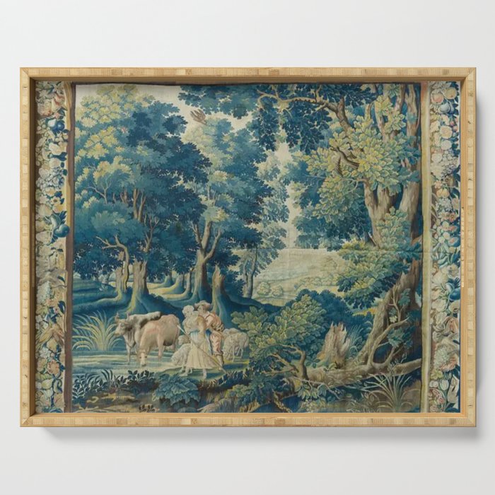 Antique 17th Century Flemish Verdure Lovers Landscape Tapestry Serving Tray Gallery Image 1