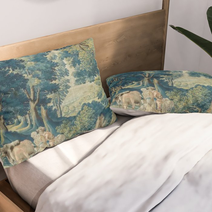 Antique 17th Century Flemish Verdure Lovers Landscape Tapestry Pillow Sham Gallery Image 2