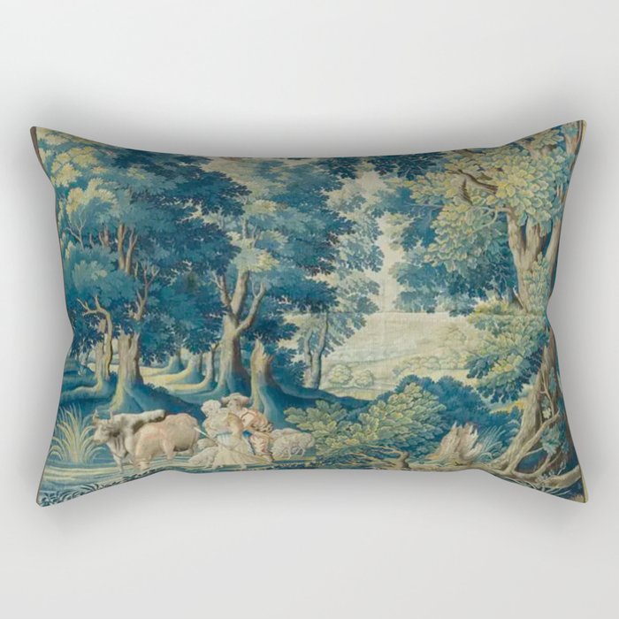 Antique 17th Century Flemish Verdure Lovers Landscape Tapestry Rectangular Pillow Gallery Image 2