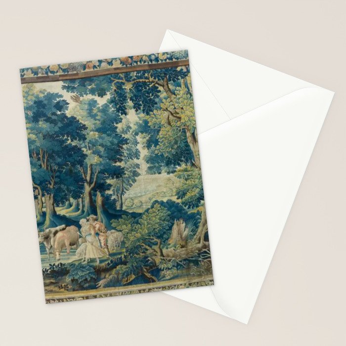 Antique 17th Century Flemish Verdure Lovers Landscape Tapestry Stationery Card Gallery Image 2