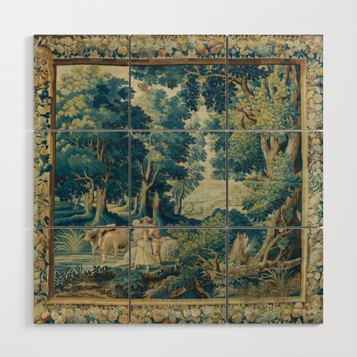 Antique 17th Century Flemish Verdure Lovers Landscape Tapestry Wood Wall Art Gallery Image 1