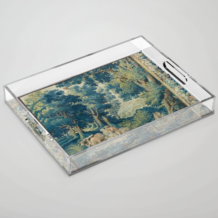 Antique 17th Century Flemish Verdure Lovers Landscape Tapestry Acrylic Tray Gallery Image 1