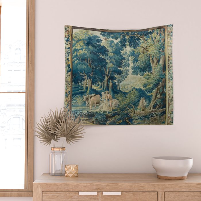 Antique 17th Century Flemish Verdure Lovers Landscape Tapestry Wall Tapestry Gallery Image 2