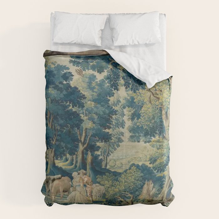Antique 17th Century Flemish Verdure Lovers Landscape Tapestry Duvet Cover Gallery Image 1