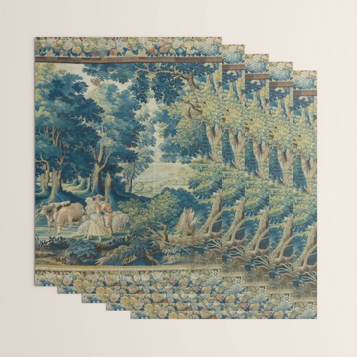 Antique 17th Century Flemish Verdure Lovers Landscape Tapestry Wrapping Paper Gallery Image 3