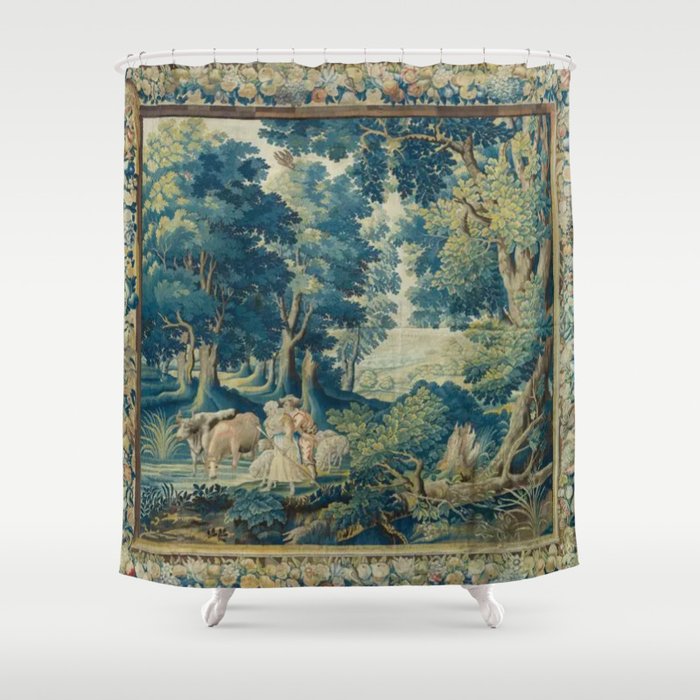 Antique 17th Century Flemish Verdure Lovers Landscape Tapestry Shower Curtain Gallery Image 1