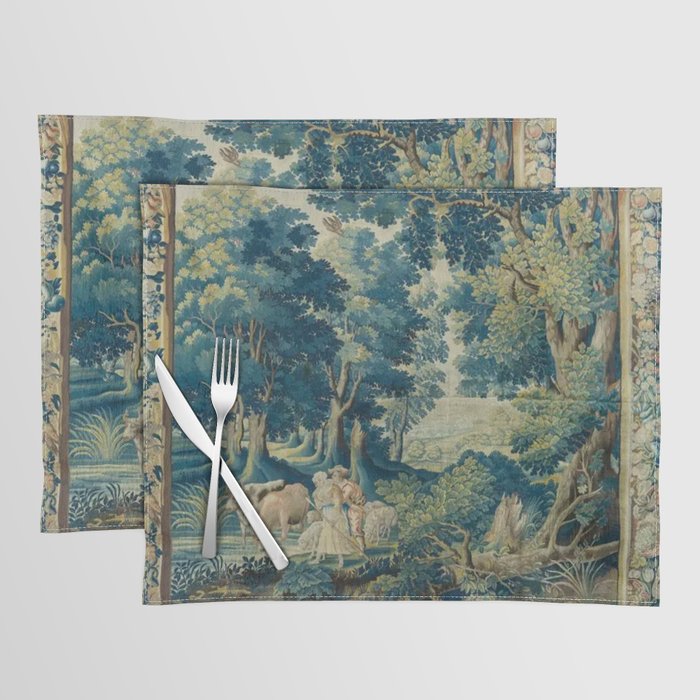 Antique 17th Century Flemish Verdure Lovers Landscape Tapestry Placemat Gallery Image 1