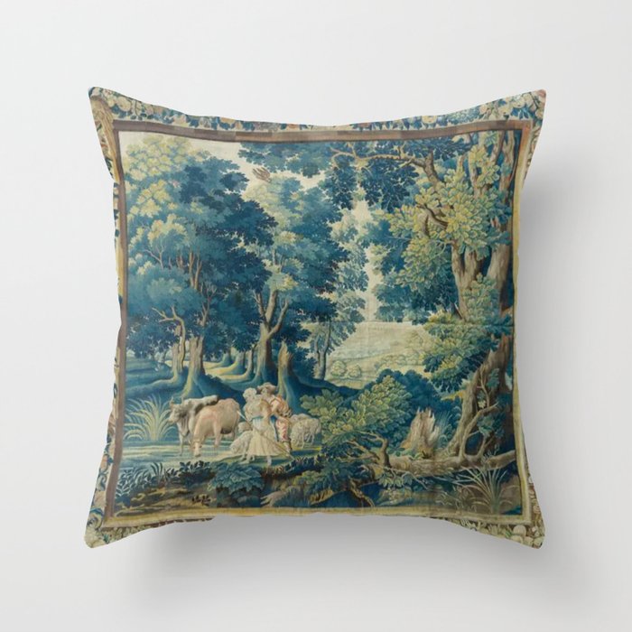 Antique 17th Century Flemish Verdure Lovers Landscape Tapestry Throw Pillow Gallery Image 6