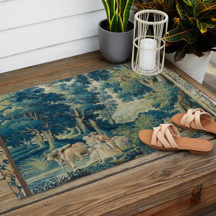 Antique 17th Century Flemish Verdure Lovers Landscape Tapestry Outdoor Rug Gallery Image 2
