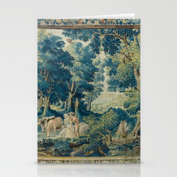 Antique 17th Century Flemish Verdure Lovers Landscape Tapestry Stationery Card Gallery Image 2