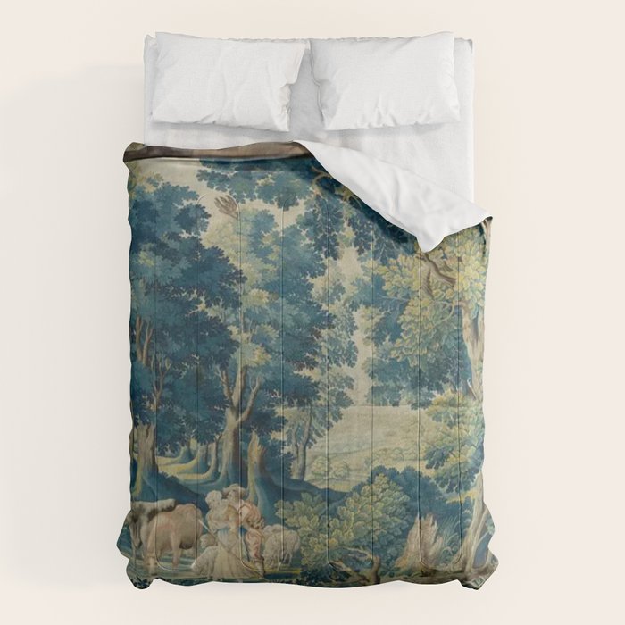 Antique 17th Century Flemish Verdure Lovers Landscape Tapestry Comforter Gallery Image 6