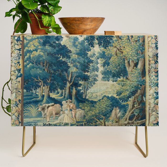 Antique 17th Century Flemish Verdure Lovers Landscape Tapestry Credenza Gallery Image 1