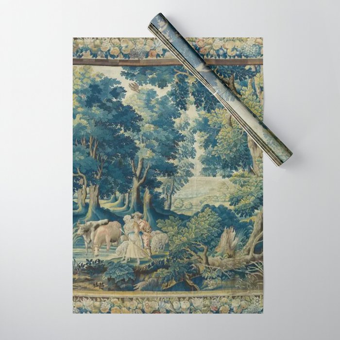 Antique 17th Century Flemish Verdure Lovers Landscape Tapestry Wrapping Paper Gallery Image 1