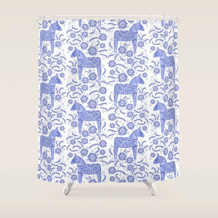 Swedish Dala Horse Blue Shower Curtain Gallery Image 1