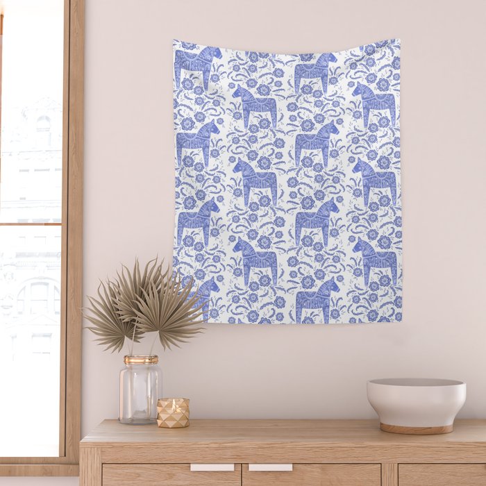 Swedish Dala Horse Blue Wall Tapestry Gallery Image 2