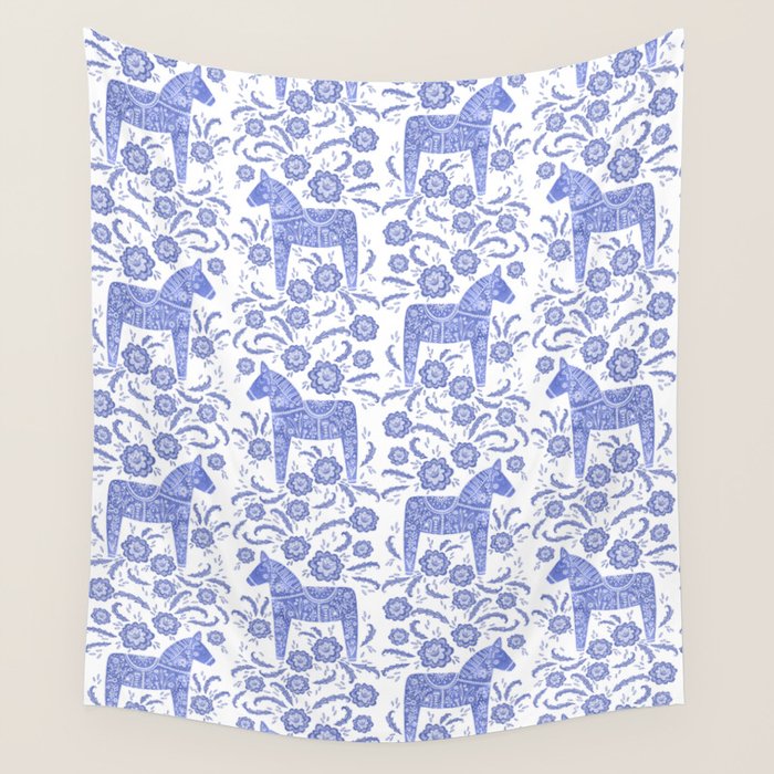 Swedish Dala Horse Blue Wall Tapestry Gallery Image 2