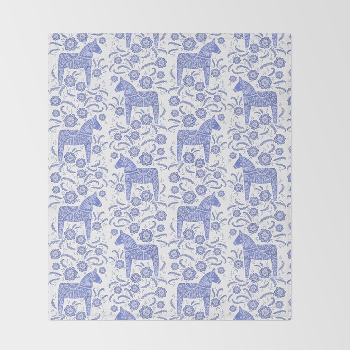 Swedish Dala Horse Blue Throw Blanket Gallery Image 2