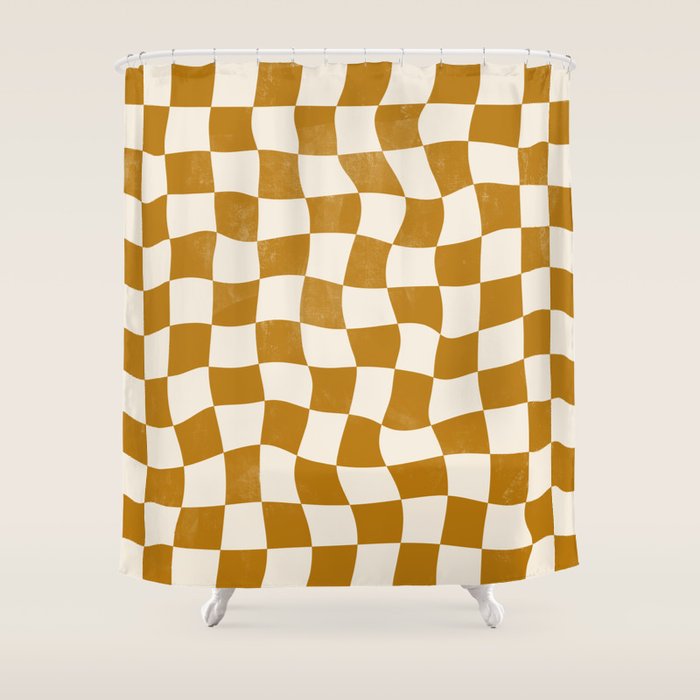 Warped Checkerboard - Gold Orange Shower Curtain Gallery Image 1
