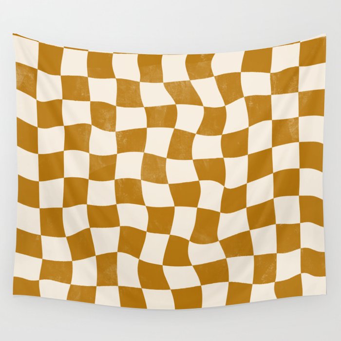 Warped Checkerboard - Gold Orange Wall Tapestry Gallery Image 1