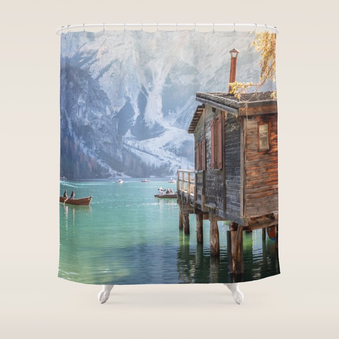 Lake Braies in Autumn - Dolomites Nature Photography Print Shower Curtain Gallery Image 1