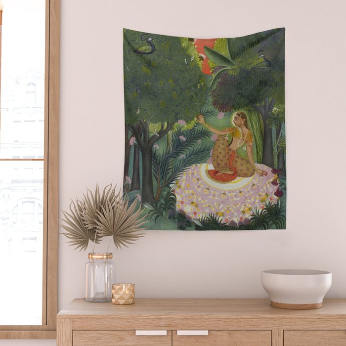Indian Princess In Bird Garden Wall Tapestry Gallery Image 2