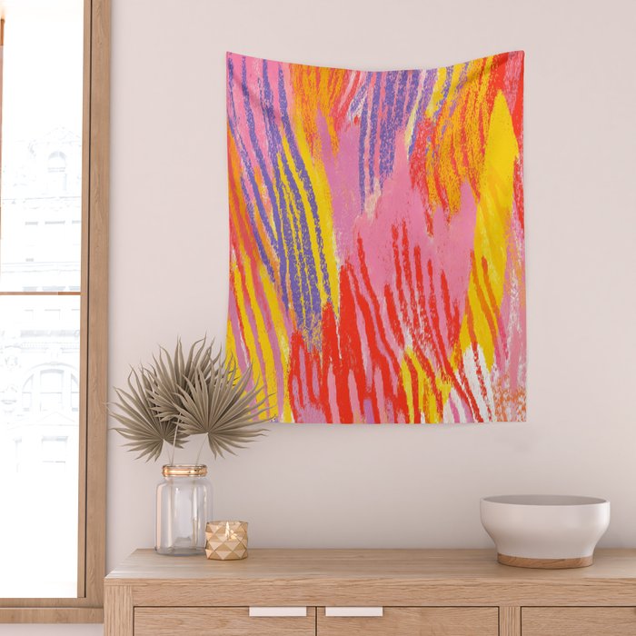 Electric Dopamine Burst Vibrant Abstract Pattern in Hot Pink, Red, Yellow Wall Tapestry Gallery Image 2
