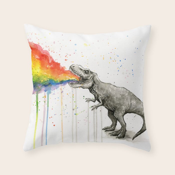 T-Rex Dinosaur Vomits Rainbow Throw Pillow Gallery Image 1
