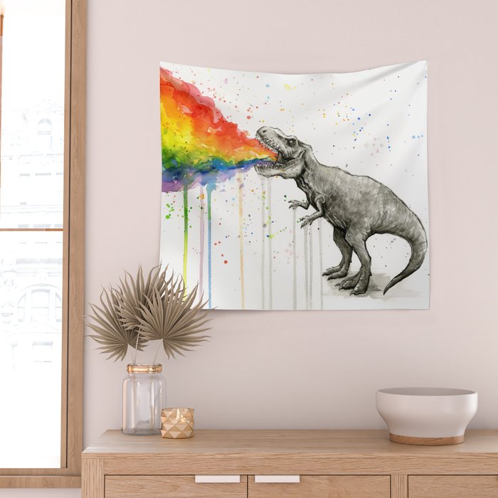 T-Rex Dinosaur Vomits Rainbow Wall Tapestry Gallery Image 2
