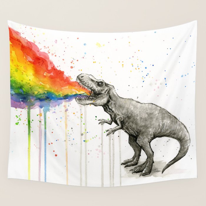 T-Rex Dinosaur Vomits Rainbow Wall Tapestry Gallery Image 1