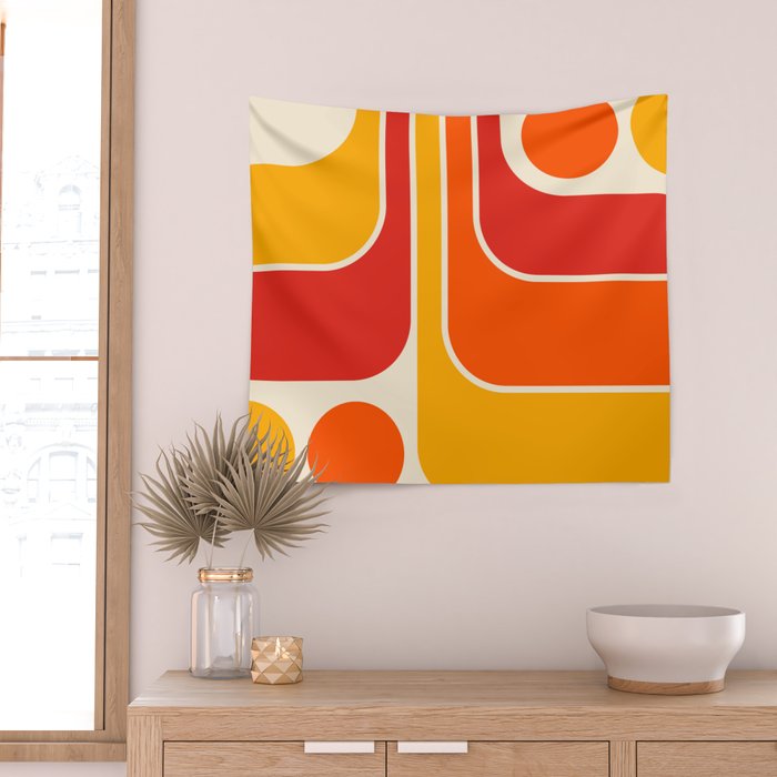 Retro Vintage Geometric Design 662 Red Orange Yellow and Beige Wall Tapestry Gallery Image 2
