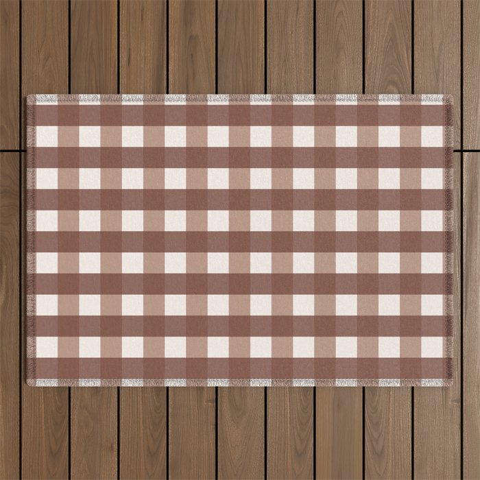 Gingham Check Pattern in Mocha Brown and Cream Outdoor Rug Gallery Image 1