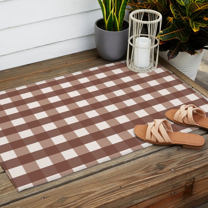 Gingham Check Pattern in Mocha Brown and Cream Outdoor Rug Gallery Image 2